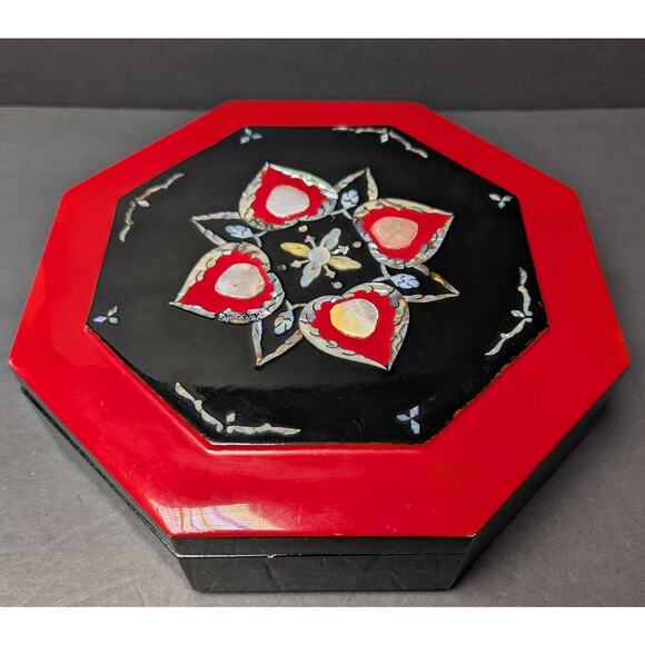 Vtg Mother of Pearl Inlaid Lacquer Wood Box 9.75" Octagon Keepsake Jewelry Decor - Picture 1 of 11